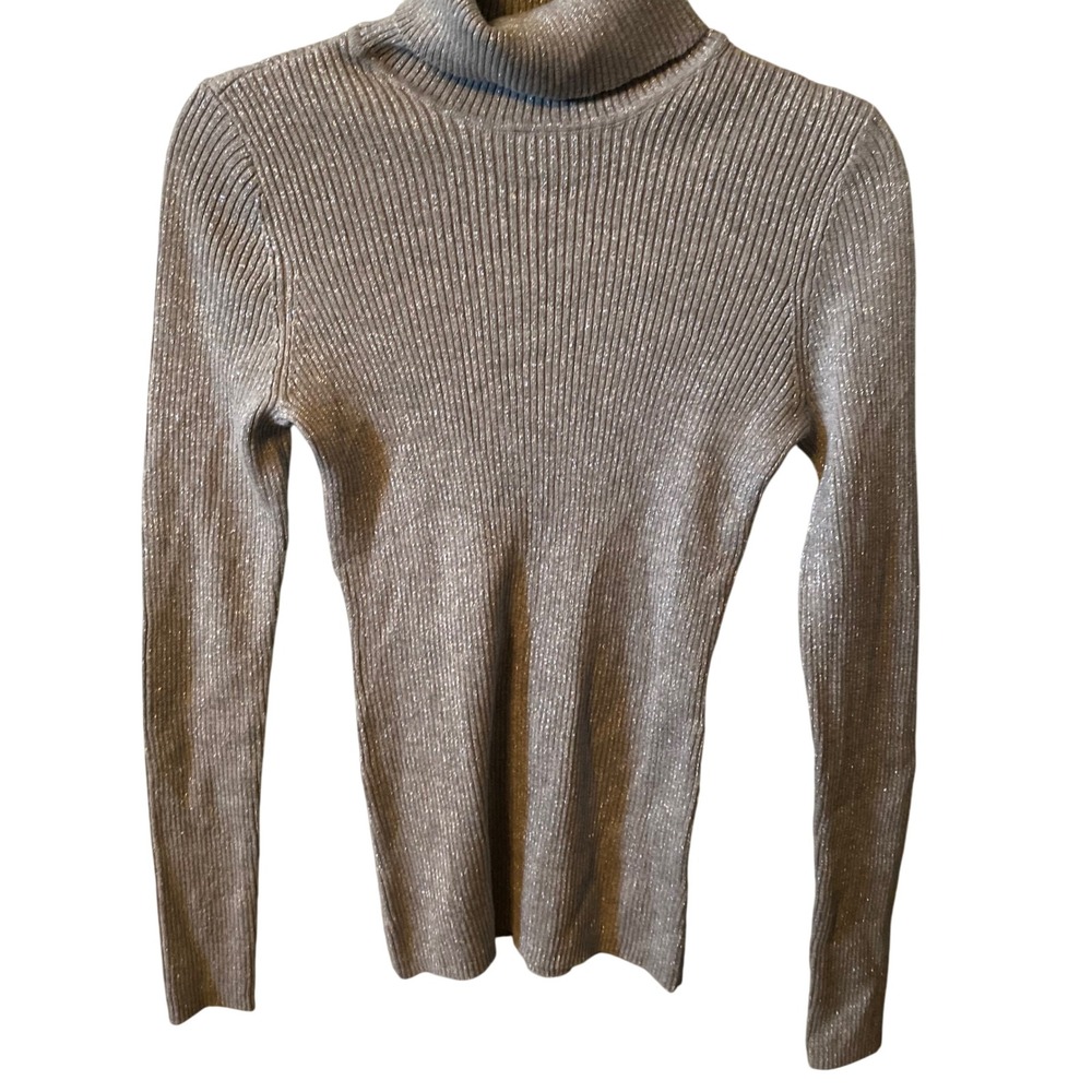BASIC EDITIONS Women's Ribbed Turtleneck Sweater Metallic Sparkle Size M